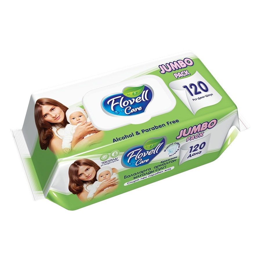 Салфетки влажные Flovell Care Classic зеленые 120 шт.